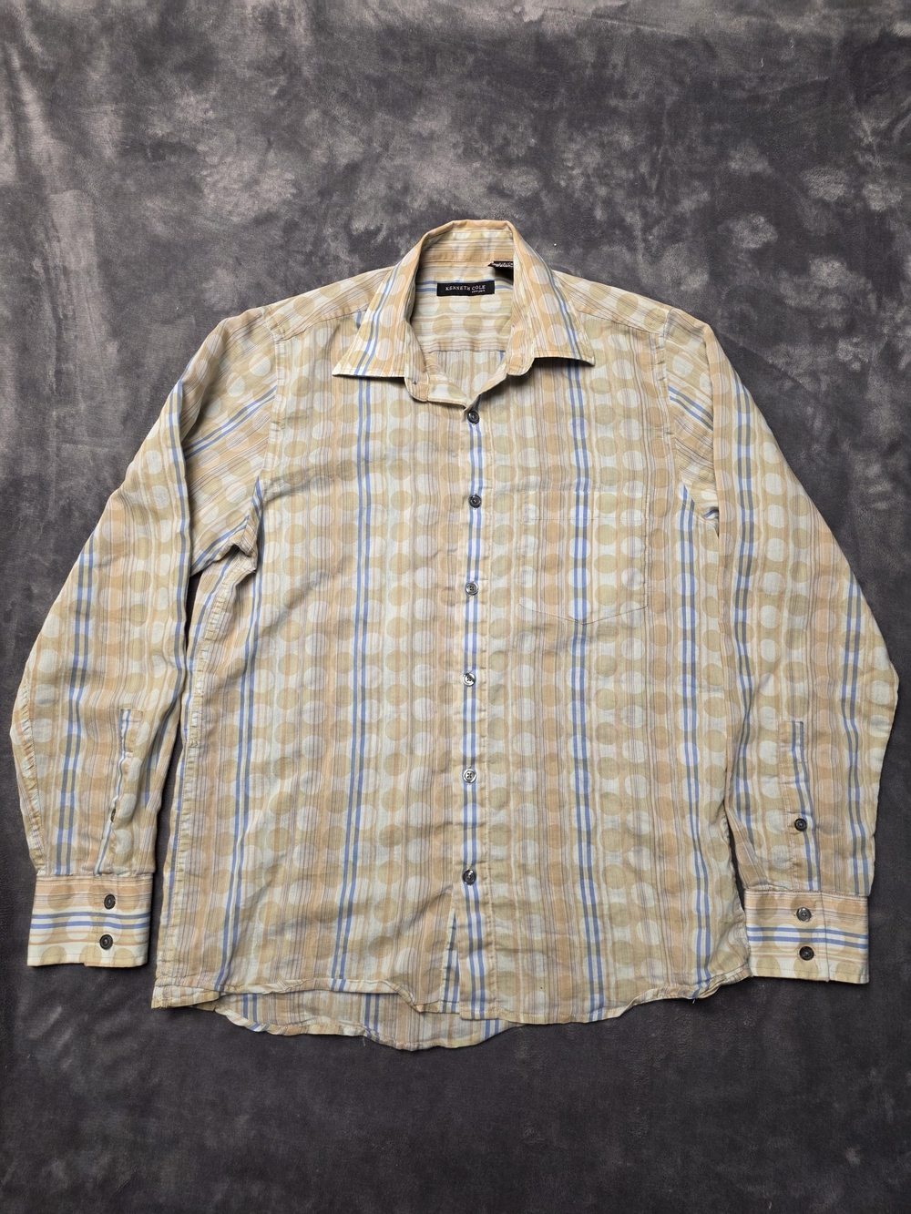 VTG Kenneth Cole Yellow Plaid Dress Shirt with Light Blue Stripes